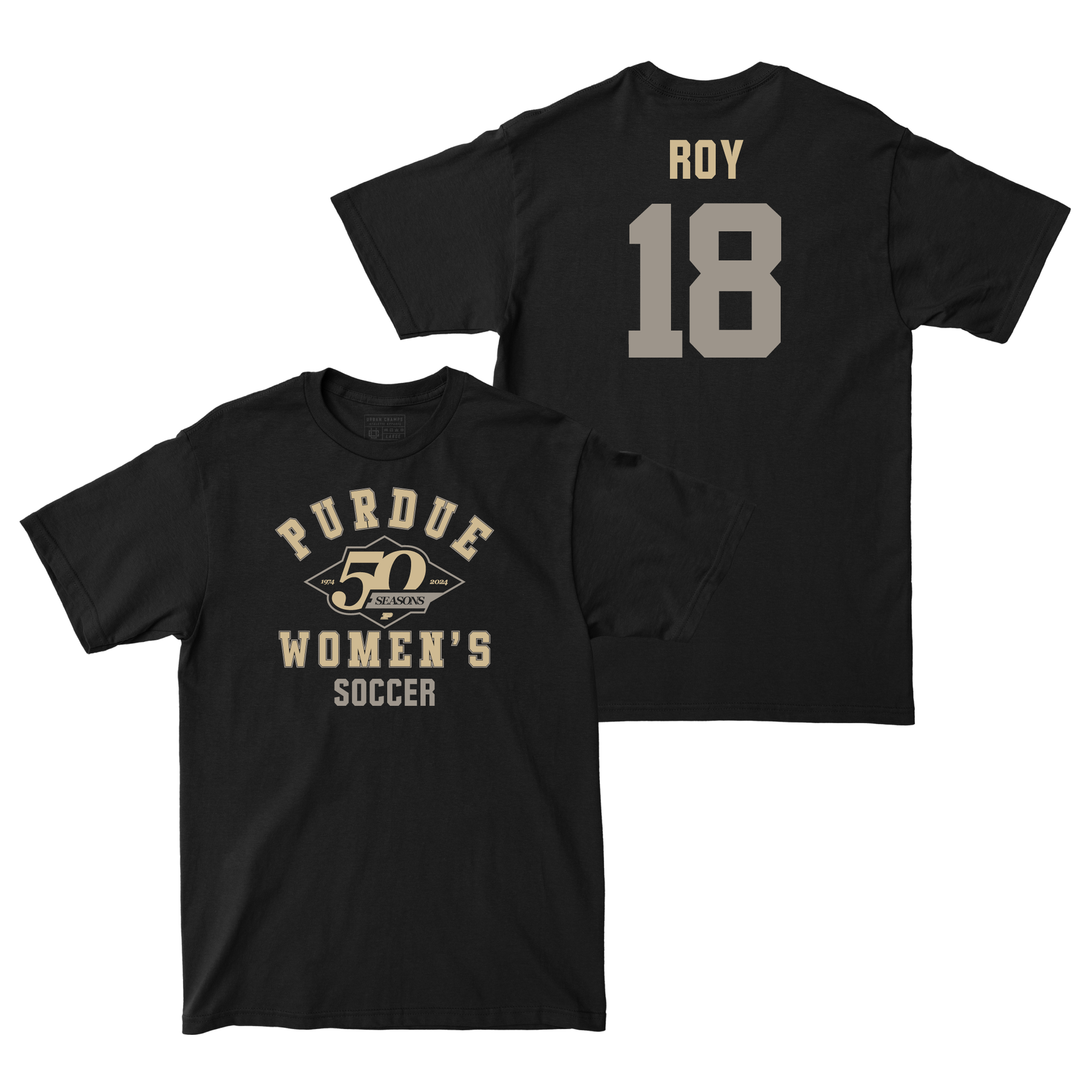 50th Anniversary Women's Soccer Diamond Black Tee - Abigail Roy | #18 Small